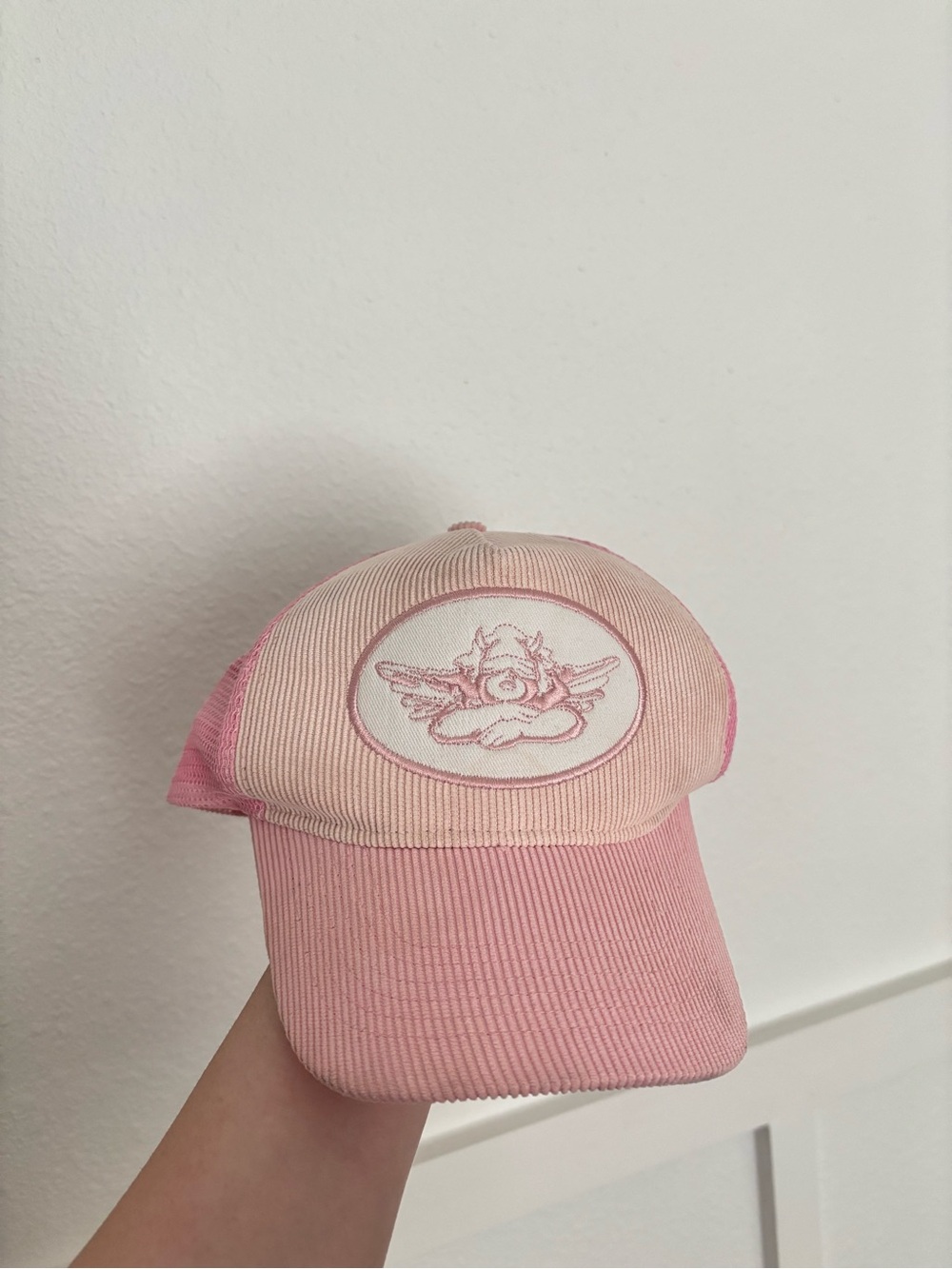 Pink Corduroy Trucker Hat with Angel Patch